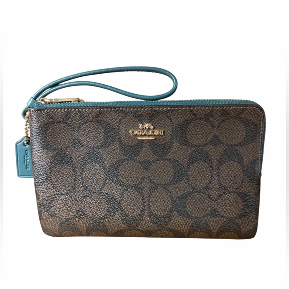 Coach Handbags - Coach Double Corner Zip Signature Brown & Teal Large Wristlet/Wallet